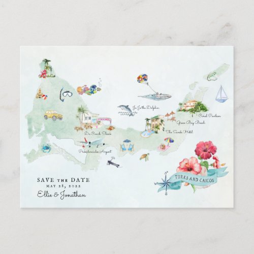 Turks  Caicos  Destination Wedding Itinerary Map Announcement Postcard
