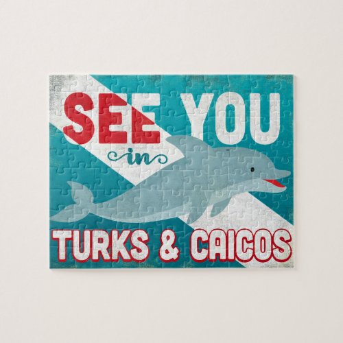 Turks  Caicos Dolphin _ Retro Vintage Travel Jigsaw Puzzle