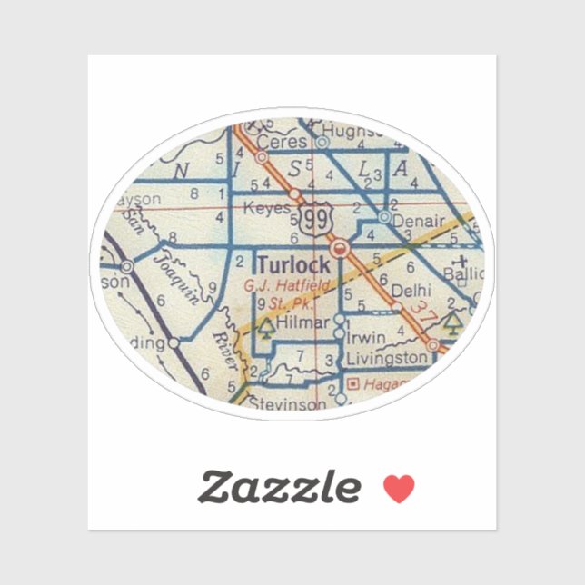Turlock CA Vintage Road Map Sticker (Sheet)