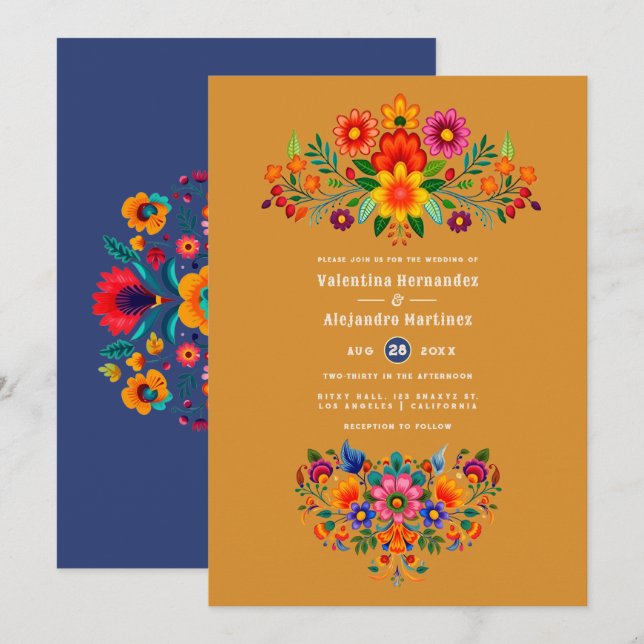 Turmeric & Indigo Mexican Folk Art Fiesta Wedding Invitation (Front/Back)