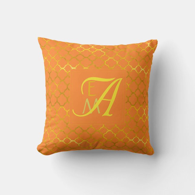Turmeric Orange Quatrefoil MONOGRAM Gold Wedding Throw Pillow (Front)
