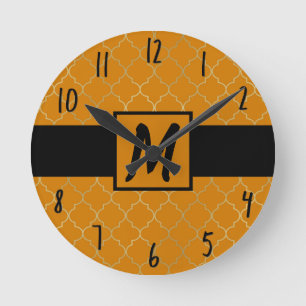 Turmeric Yellow & Gold Quatrefoil Monogrammed Round Clock