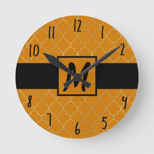 Turmeric Yellow  Gold Quatrefoil Monogrammed Round Clock