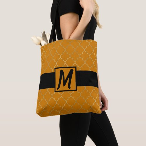 Turmeric Yellow  Gold Quatrefoil Monogrammed Tote Bag