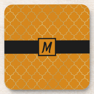 Turmeric Yellow & Gold Quatrefoil Pattern Beverage Coaster