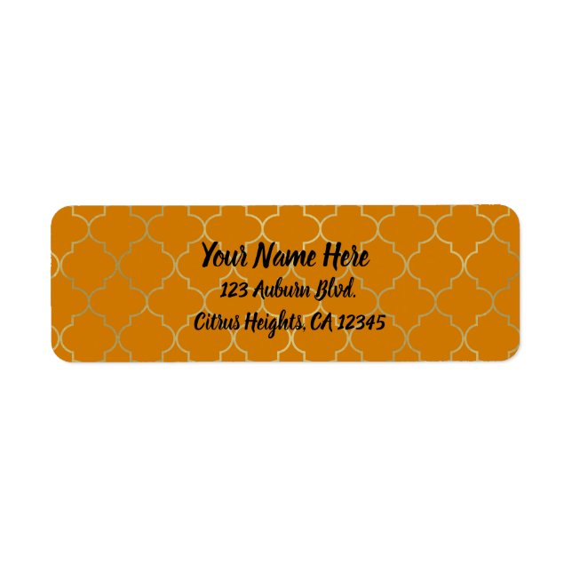Turmeric Yellow & Gold Quatrefoil Pattern Party Label (Front)