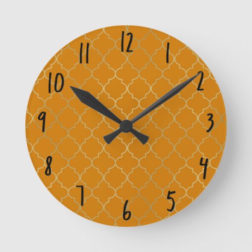 Turmeric Yellow  Gold Quatrefoil Pattern Round Clock
