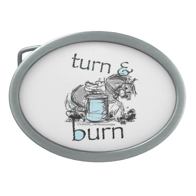 Turn and Burn Barrel Racing Belt Buckle (Front)