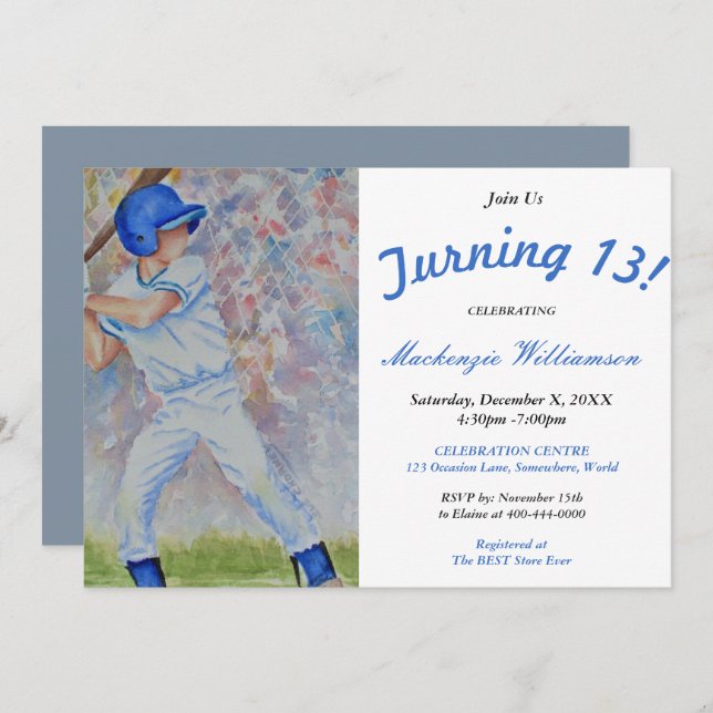 TURNING 13 BASEBALL PARTY INVITATION (Front/Back)