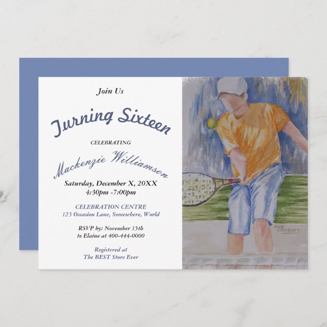 TURNING 16 TENNIS PLAYER PARTY INVITATION (Front/Back)