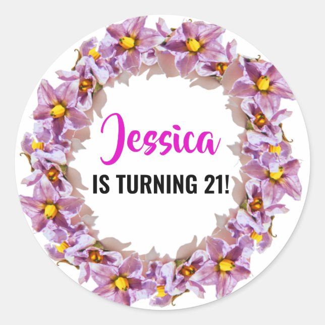 Turning 21 Fun, Tropical Pink and Blue Classic Round Sticker (Front)