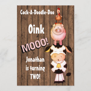 Turning 2 Cute Farm Animals on Barn Wood Birthday Invitation