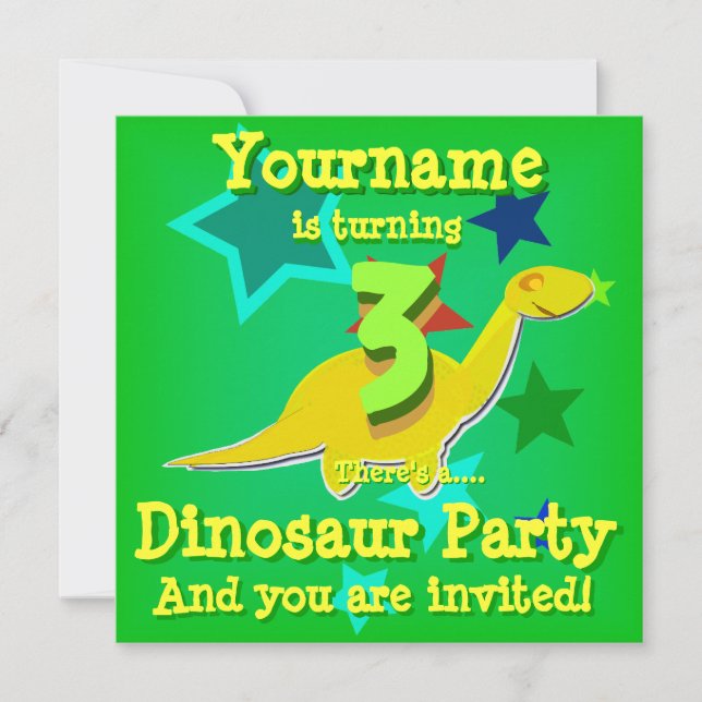 Turning 3 Birthday Dinosaur Party Invitations (Front)