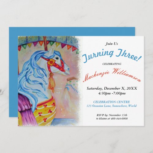 TURNING 3 COLORFUL CAROUSEL HORSE PARTY INVITATION