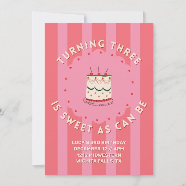 Turning 3 is as Sweet as Can Be- Third Birthday Invitation (Front)