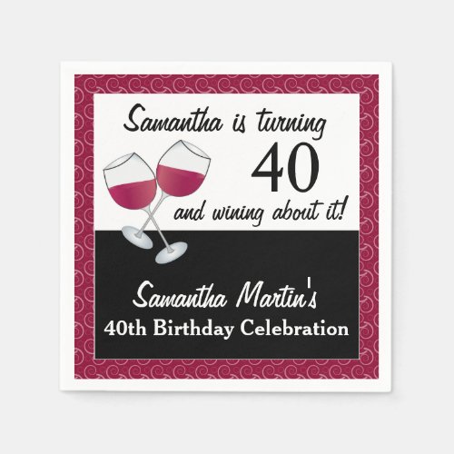 Turning 40 and Wining Red Wine Birthday Party Napkins