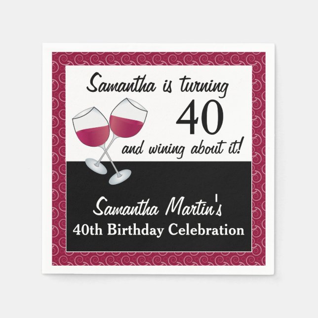 Turning 40 and Wining, Red Wine Birthday Party Napkins (Front)