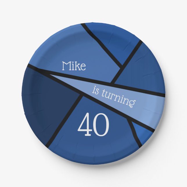Turning 40 Modern Blue Geometric 40th Birthday Paper Plates (Front)