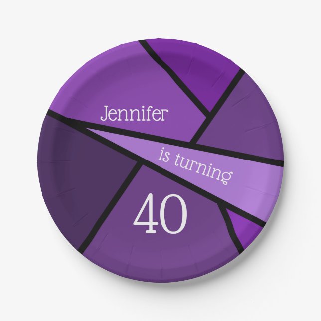 Turning 40 Modern Purple Geometric 40th Birthday Paper Plates (Front)