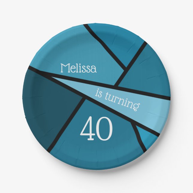 Turning 40 Modern Teal Geometric 40th Birthday Paper Plates (Front)