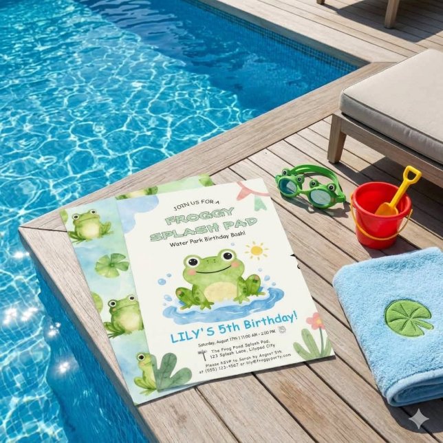 Turning 5 Froggy Splash Pad Backyard Pool Birthday Invitation (Creator Uploaded)