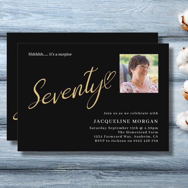 Turning 70 Black Gold 70th Birthday Photo Invitation (70th birthday party invitation in black and gold. Personalized with details and photo.)