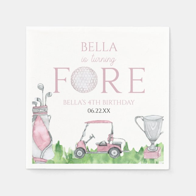 Turning Fore Pink Golf 4th Birthday Party Napkins (Front)