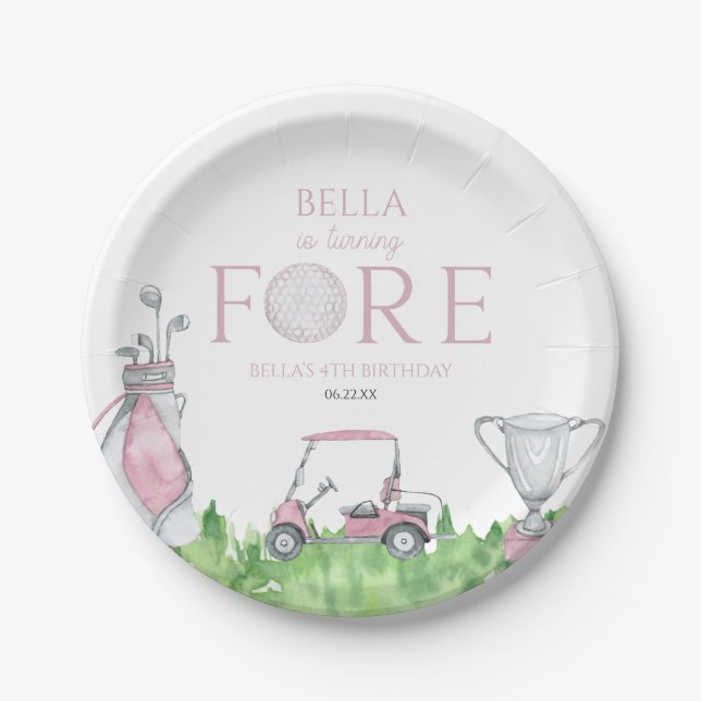 Turning Fore Pink Golf 4th Birthday Party Paper Plates (Front)