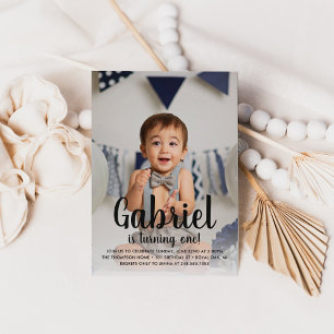 Turning One Blue Boys First Birthday Photo Invitation