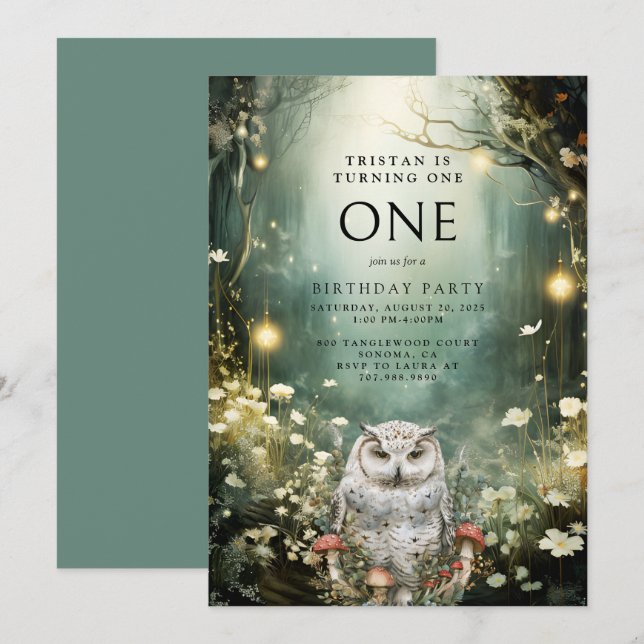 Turning One Enchanted Forest Owl 1st Birthday Invitation (Front/Back)