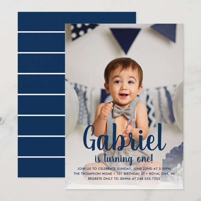Turning One Navy Boys Birthday Photo Portrait Invitation
