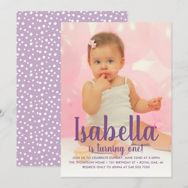 Turning One Purple Girls First Birthday Photo Invitation (Front/Back)