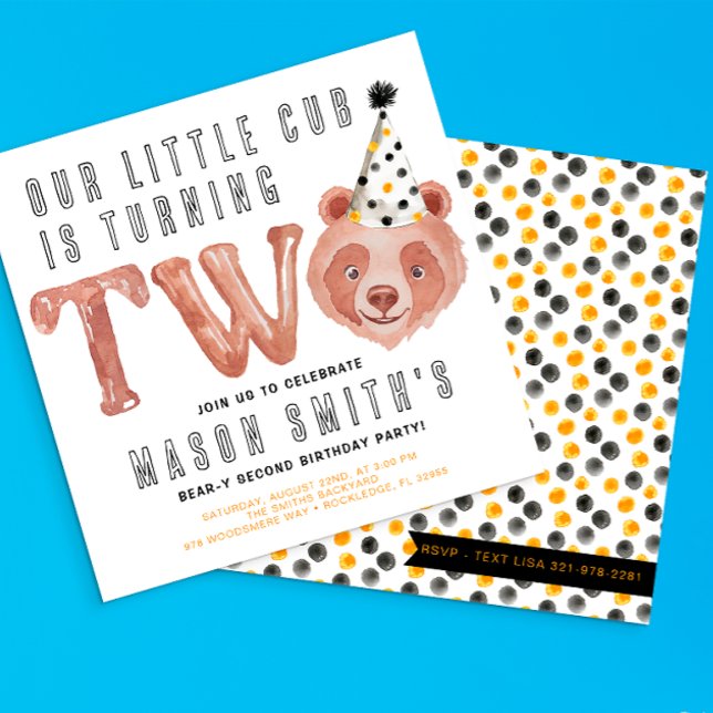 Turning Two Bear Birthday Invitation Party Animal (Bear-y Cute Birthday Party Invite)
