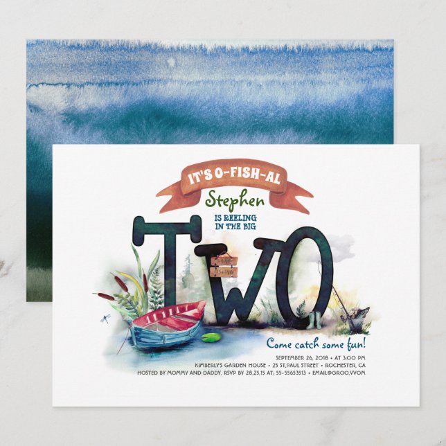 Turning Two Fishing Themed Boys Birthday Invitation (Front/Back)