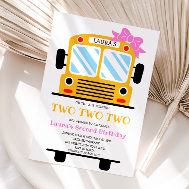 Turning Two Two Two School Bus Girl Birthday Party Invitation (Creator Uploaded)