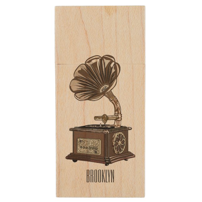 Turntable cartoon illustration  wood flash drive (Front Vertical)