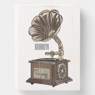 Turntable cartoon illustration wooden box sign