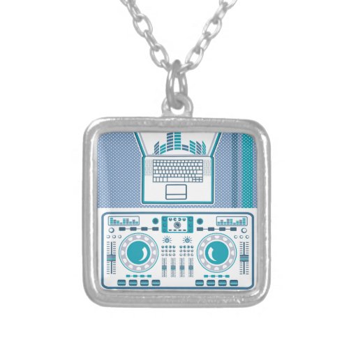 Turntable with Laptop DJ equipment Vector Silver Plated Necklace