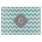 Turq / Aqua White Chevron Gray Quatrefoil Monogram
