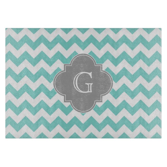 Turq / Aqua White Chevron Gray Quatrefoil Monogram Cutting Board (Front)