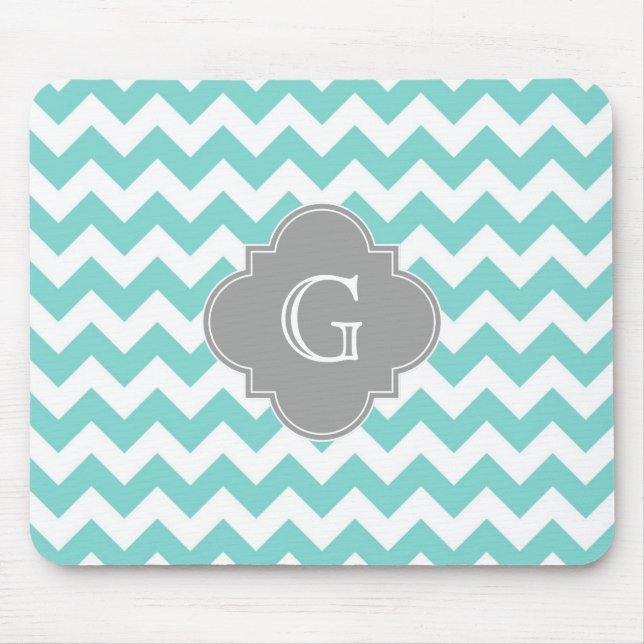 Turq / Aqua White Chevron Gray Quatrefoil Monogram Mouse Pad (Front)