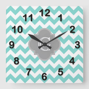 Turq / Aqua White Chevron Gray Quatrefoil Monogram Square Wall Clock