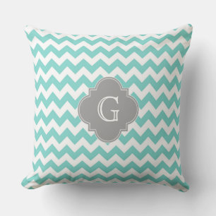 Turq / Aqua White Chevron Gray Quatrefoil Monogram Throw Pillow