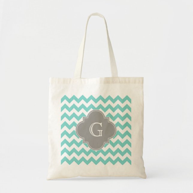 Turq / Aqua White Chevron Gray Quatrefoil Monogram Tote Bag (Front)