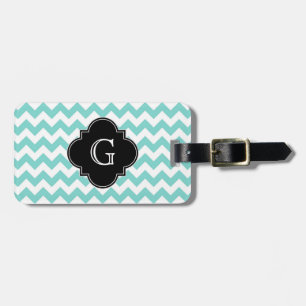 Turq / Aqua Wht Chevron Black Quatrefoil Monogram Luggage Tag