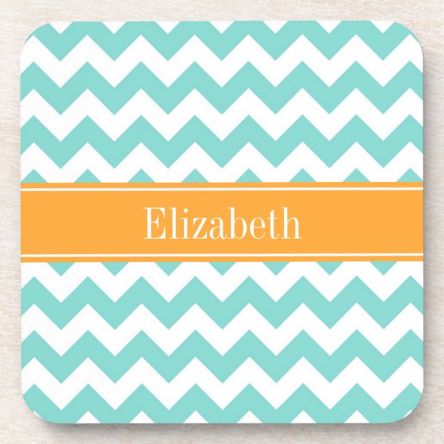 Turq / Aqua Wht Chevron Cantaloupe Name Monogram Coaster (Front)
