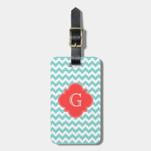 Turq  Aqua Wht Chevron Coral Quatrefoil Monogram Luggage Tag