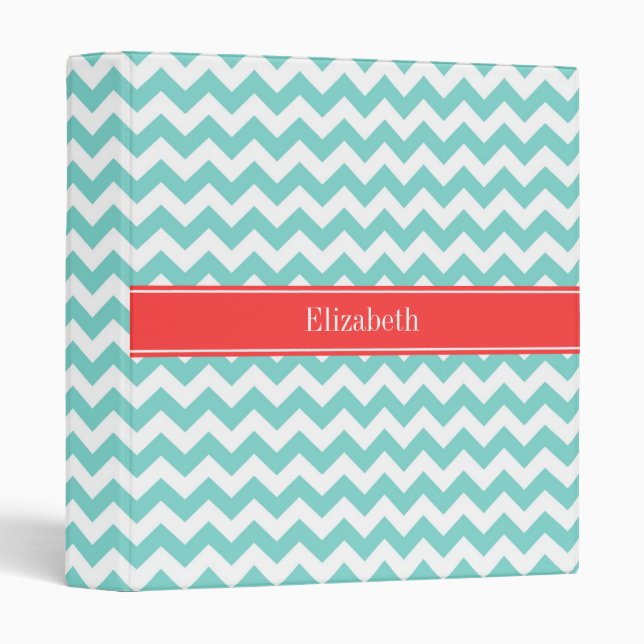Turq / Aqua Wht Chevron Coral Red Name Monogram Binder (Front/Spine)