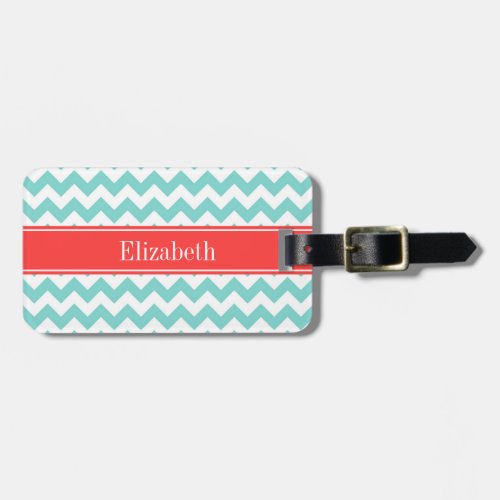 Turq  Aqua Wht Chevron Coral Red Name Monogram Luggage Tag