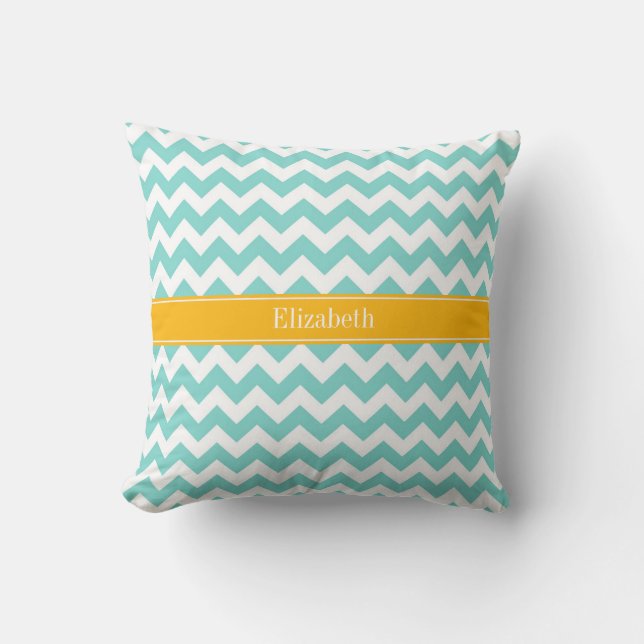 Turq / Aqua Wht Chevron Goldenrod Name Monogram Throw Pillow (Front)